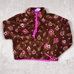 NWT Sugar & Jade Aztec Fleece Quarter Zip Brown + Pink Boho Cozy Layer (L 12/14)